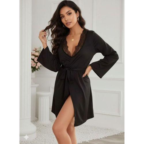 Kadın Uzun Kollu Dantel Yakalı Belden Kuşaklı Viskon Gecelik