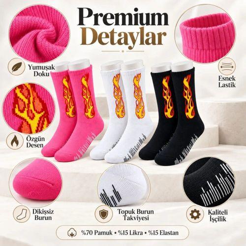 Unisex Alev Desenli Çorap 3'lü Set Pamuklu Uzun Soket Dikişsiz Nefes Alan Günlük Spor Çorabı Yumuşak