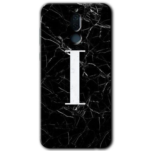 Huawei Mate 10 Lite Kılıf Baskılı Kapak - Siyah Mermer Desenli I Harfi + 5D Tam Kaplayan Cam