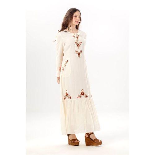 Uzun Kol Zühre Nakış Detaylı Bağcık Yaka Cepli Vual Uzun Elbise Krem Krm