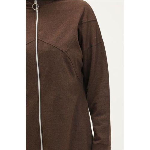 Göğüsten Detaylı Fermuarlı Sade Basic Eşofman Spor İkili Takım - 03063.028 - Kahverengi