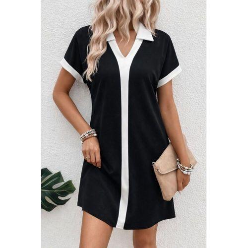 Kadın Kısa Kollu V Yakalı Onden şerit Detaylı Yakalı Kısa Janjan Krep Elbise