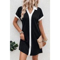 Kadın Kısa Kollu V Yakalı Onden şerit Detaylı Yakalı Kısa Janjan Krep Elbise