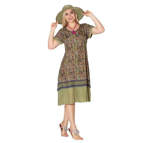 Kısa Kol Vual Defne Midi Boy Yazlık Otantik Elbise Yeşil 6103