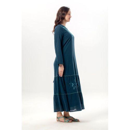 Uzun Kol Venedik Nakışlı Şile Bezi Otantik Uzun Elbise Petrol Ptrl