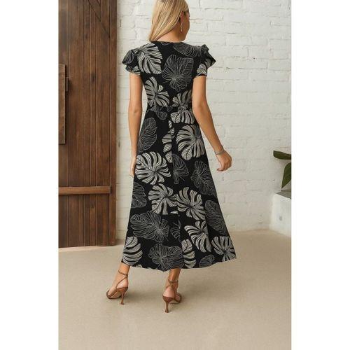 Kadın Kısa Kollu V Yakalı Desenli Yandan Yırtmaçlı Süprem Elbise