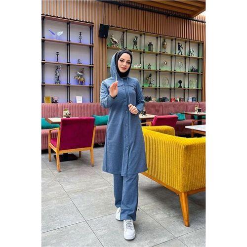 Kapşonlu Düğmeli Sade Basic Uzun Tunik ve Pantolon İkili Spor Takım - 03072.006 - İndigo