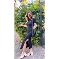 Lucky Life Kadın Kısa Kollu Bisiklet Yaka Yırtmaç Detay Fitilli Kaşkorse Tam Boy Elbise