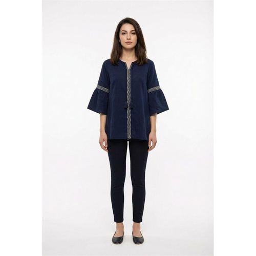 Kısa Kol Dicle Bağcıklı V Yaka Şile Bezi Yazlık Bluz Lacivert Lcvt