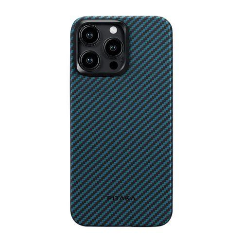 Apple iPhone 15 Pro Kılıf M-safe Şarj Özellikli 1500D Aramid Fiber Pitaka Ultra-Slim Classic Serisi Black-Blue Twill Kapak