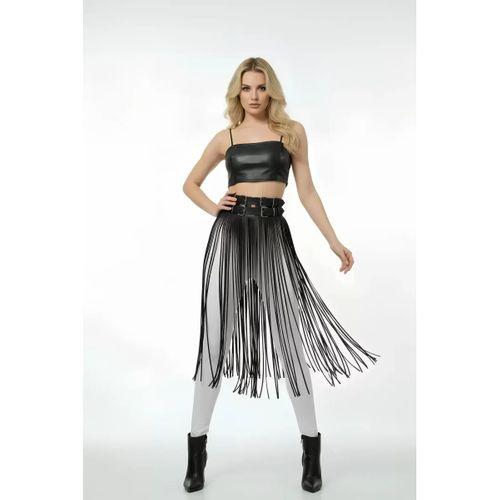 Siyah Etek Deri Yüksek Bel Etek Çift Tokalı Uzun - Brf1090