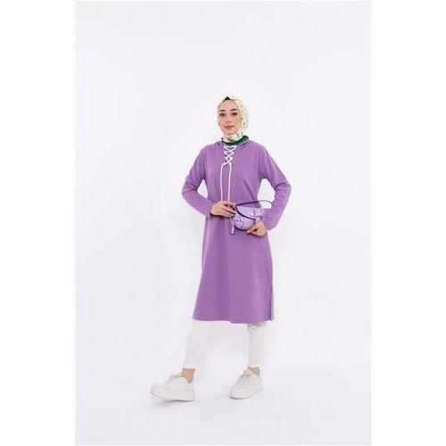 Eflin Yakadan Bağlamalı Kapşonlu Uzun Sweatshirt - 03030.018 - Leylak