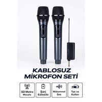 Profesyonel Çiftli Kablosuz Mikrofon Seti Karaoke Şarj Edilebilir 50 Metre
