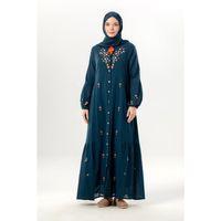 Uzun Kol Ala Nakışlı Püskül Bağcıklı Hakim Yaka Yazlık Şile Bezi Uzun Elbise Petrol Ptrl