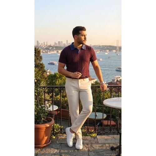 Erkek Desenli Kısa Kollu Triko Tişört - %100 Pamuk Akrilik