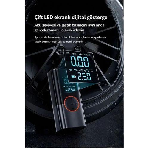 St-9650 Şarjlı 10.000 Mah Taşınabilir Araç Hava Kompresörü Akü Takviyeli Dijital Ekranlı Işıklı Çantalı