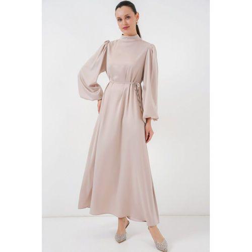 2510 Saten Tesettür Abiye Elbise - M. Krem