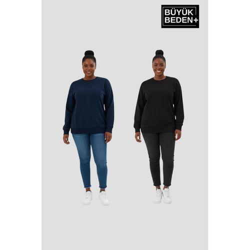 Kadın Büyük Beden Bisiklet Yaka 2’li Set-Rahat Kalıp İnce Sweatshirt SPR26BSWK956+2