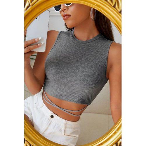Kadın Gri Çapraz Bağlamalı Crop Top Büstiyer