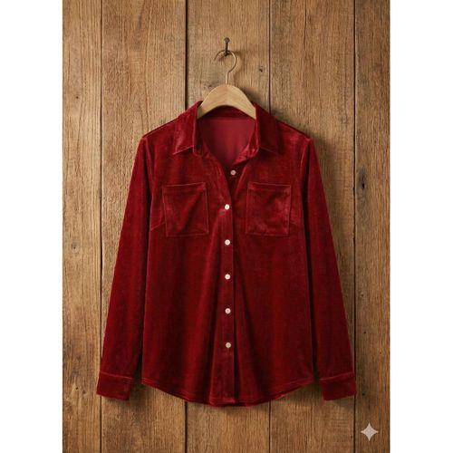 Kadın Uzun Kollu Yakalı önden Düğmeli Cep Detaylı Kadife Gömlek