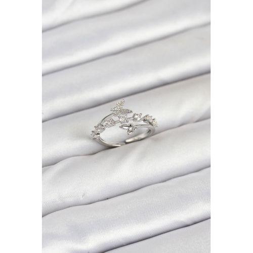 Pirinç Gümüş Renk Zirkon Taşlı Kelebek Model Kadın Yüzük