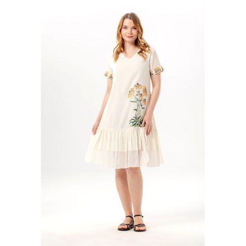 Kısa Kol Dilek Vual V Yaka Yazlık Nakışlı Günlük Kısa Elbise Krem Krm