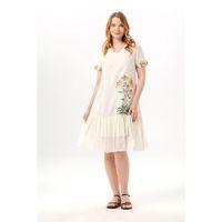 Kısa Kol Dilek Vual V Yaka Yazlık Nakışlı Günlük Kısa Elbise Krem Krm