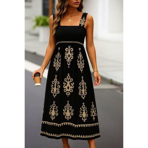 Kadın Askılı Kare Yaka Gipe Detaylı Desenli Suprem Elbise