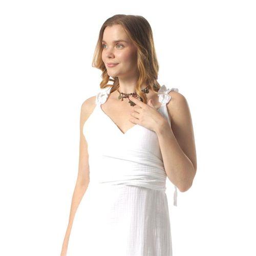 Lady Ayarlanabilir Omuz Askılı V Yaka Uzun Müslin Elbise Beyaz Byz