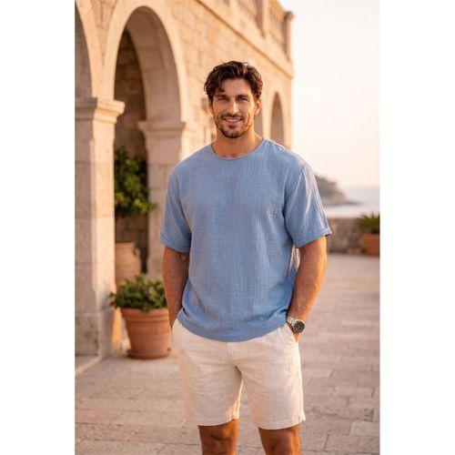 Godard Relax Fit %100 Pamuk Müslin Kumaş Duble Kol Bisiklet Yaka Erkek T-Shirt - Soğuk Mavi