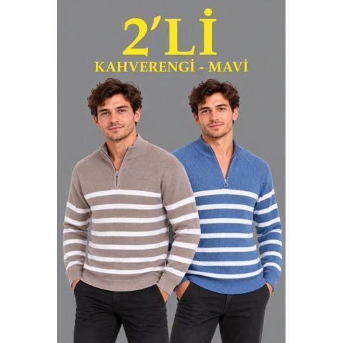 Erkek 2Li Dik Yaka Yarım Fermuarlı Çizgili Selanik Örgü Triko Kazak - Kahverengi - Mavi