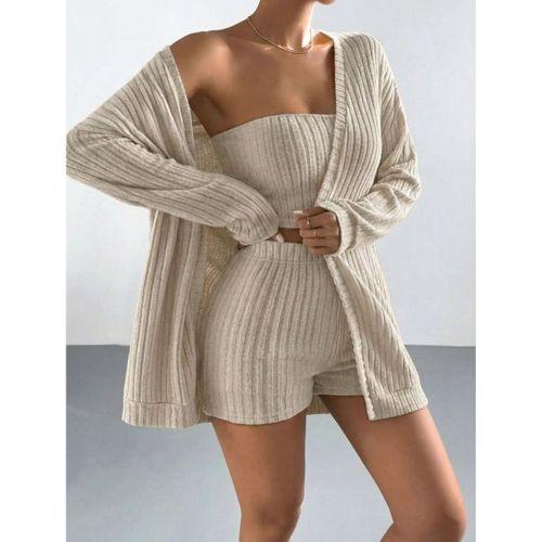 Kadın Uzun Kollu önü Açık şardonlu Kaşkorse Ceket Büstiyer Ve Short üçlü