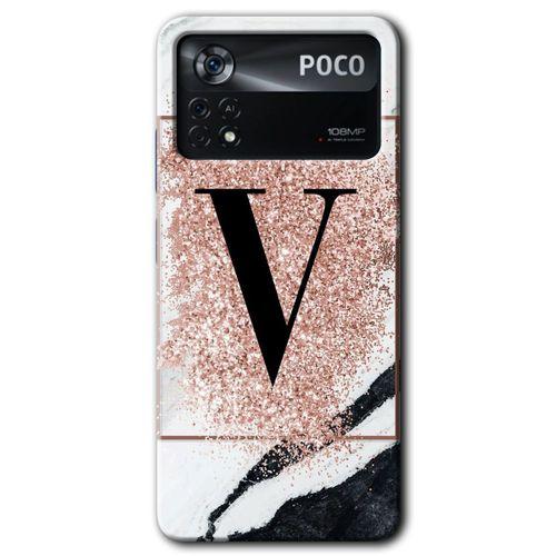 Potkal Hediye Fabrikası Poco x4 Pro Kılıf HD Desen Baskılı Arka Kapak - Pembe Mermer Desenli V Harfi