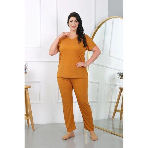 Kadın Büyük Beden Kısa Kol Penye Pijama Takımı Hardal