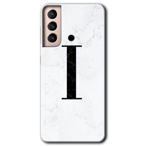 Samsung Galaxy S21 HD Baskılı Kılıf + 9D Tam Ekran Koruyucu - Beyaz Mermer Desenli İ Harfi