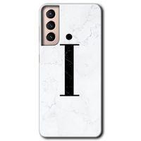 Samsung Galaxy S21 HD Baskılı Kılıf + 9D Tam Ekran Koruyucu - Beyaz Mermer Desenli İ Harfi