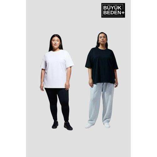 Büyük Beden Kadın  Basic Bisiklet Yaka 2 li Tişört Seti SPR26BTSK510+2