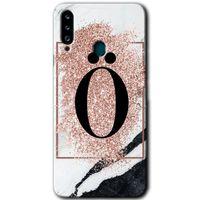 MRCİLETİSİM Samsung Galaxy A20s Kılıf Baskılı Kapak - Pembe Mermer Desenli Ö Harfi +Tam Kaplayan Mat Seramik