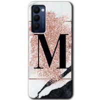 Tecno Camon 18P HD Baskılı Kılıf + 9D Tam Ekran Koruyucu - Pembe Mermer Desenli M Harfi