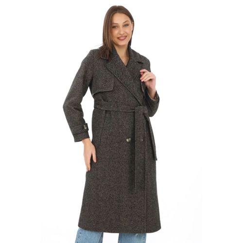 Balık Sırtı Yünlü Dokuma Kaşe Kaban – Kruvaze Yaka, Kuşaklı, Cepli, Astarlı Uzun Boy Tesettür Şık Kışlık Kaşe Kaban Modeli - Kahverengi