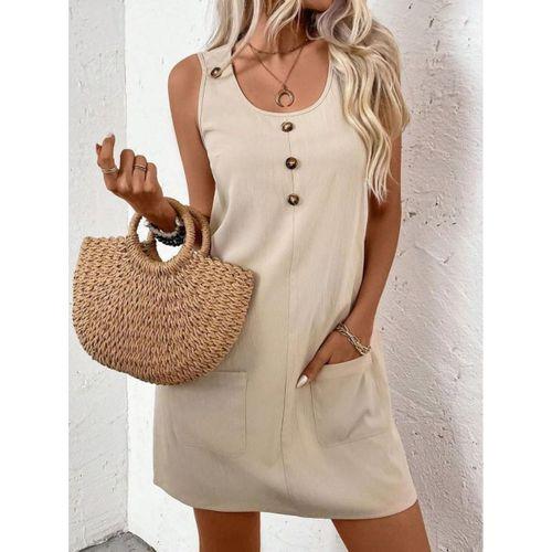 Kadın Askılı Yuvarlak Yakalı önden Düğmeli Cep Detaylı Kısa Elbise