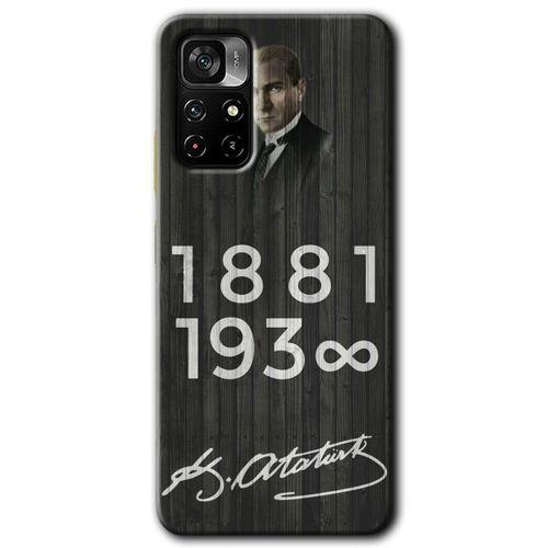 MRCİLETİSİM Xiaomi Redmi Note 11T Kılıf HD Desen Baskılı Arka Kapak + Temperli Cam - Atatürk Ahşap İmza