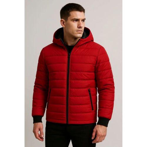 Erkek Şişme Kapüşonlu Fermuarlı Mont Su Itici Kapitone Astarlı Kumaş Cepli Kışlık Rahat Kalıp - Kırmızı