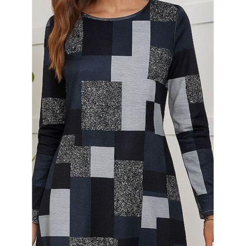 Kadın Uzun Kollu Yuvarlak Yaka Geometrik Süprem Elbise