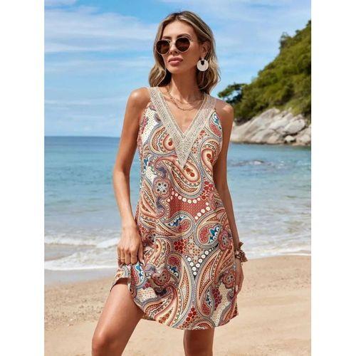 Kadın Kısa Kollu Dantel V Yakalı Desenli Süprem Elbise