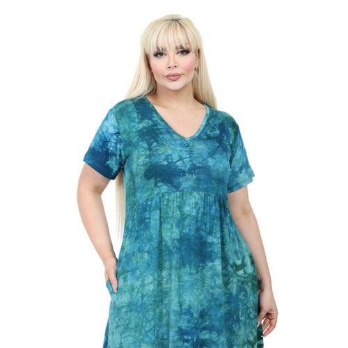 Melsay Butik Göğüsten Robalı V Yaka Kısa Kollu Turkuaz Batik Yıkama Cepli Elbise