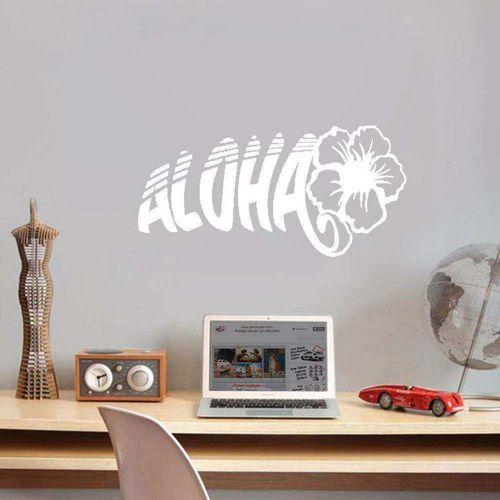 Aloha Yazılı Çiçek  Silüeti Dekoratif Duvar Sticker, Çıkartma, Etiket Beyaz