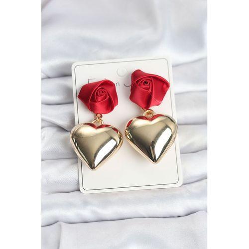 Pirinç Gold Kalpli Kırmızı Gül Model Kadın Küpe