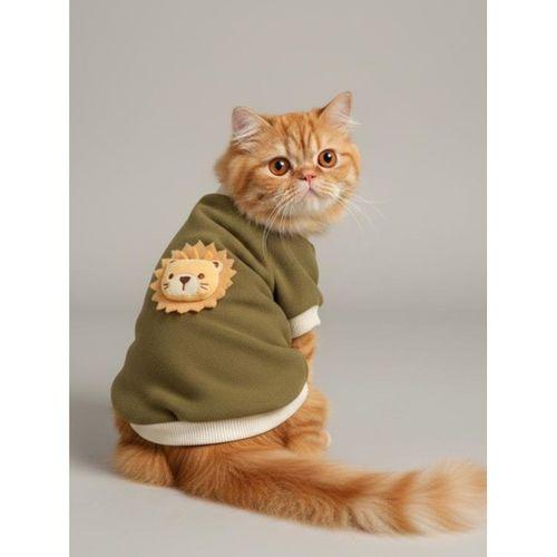 Minik Aslan Kedi Sweatshirt Haki Sıcak Tutan Yumuşak Kedi Kıyafeti