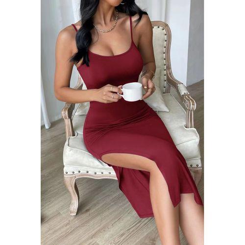 Kadın Bordo Yırtmaçlı Diz Altı Vücüdu Saran Gecelik